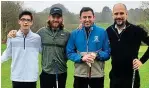  ??  ?? Top team: Pep Guardiola with son Marius, Tommy Fleetwood (2nd left) and Sandiway course pro Gareth Jones yesterday