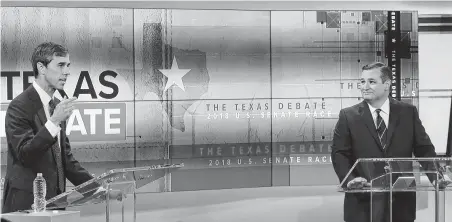  ?? Tom Reel / Staff photograph­er ?? Rep. Beto O’Rourke, left, said of U.S. Sen. Ted Cruz during Tuesday’s debate in San Antonio: “He’s dishonest. That’s why the president called him Lyin’ Ted.” Cruz faulted O’Rourke for a pair of votes he said would have been “devastatin­g” to Texas.