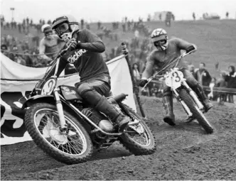  ??  ?? Above left: Graham proudly poses with his new Rickman Montesa, along with the Rickman brothers themselves, Derek (left) and Don