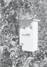  ??  ?? SemiosBIO dual puffer emits pheromone on wireless command to confuse codling moths that threaten apple crops.