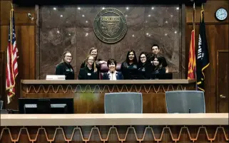  ?? LOANED PHOTO/YUMA UNION HIGH SCHOOL DISTRICT ?? STUDENTS FROM YUHSD CTE POSE WITH Rep. Charlene Fernandez at the state legislatur­e.