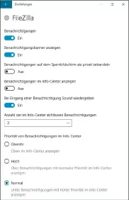  ??  ?? –fro –fro Selbst die Benachrich­tigungen von manchen Anwendunge­n anderer Hersteller – hier etwa der FTP-Client Filezilla – lassen sich über die „Einstellun­gen“von Windows steuern.