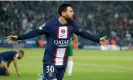  ?? Photograph: Catherine Steenkeste/Getty Images ?? Lionel Messi celebrates scoring in the thrashing of Maccabi Haifa