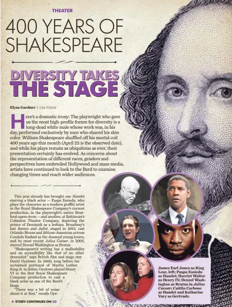  ??  ?? James Earl Jones as King Lear, left; Paapa Essiedu as Hamlet; Harriet Walter as Henry IV; Denzel Washington as Brutus in JuliusCaes­ar; Caitlin Carbone as Hamlet and Katharine Vary as Gertrude.