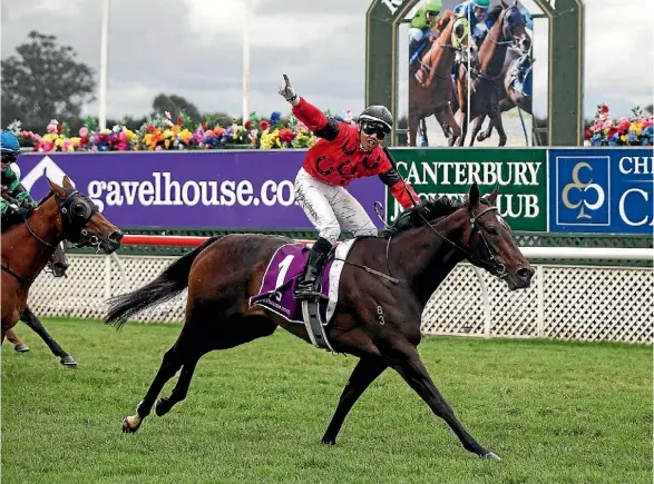  ??  ?? Racha Cuneen celebrates his first Group I win aboard the Mandy and Matt Brown trained La Diosa in the 1000 Guineas.