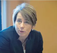  ?? JIM MAHONEY / BOSTON HERALD ?? FOCUSED: Attorney General Maura Healey discusses yesterday an almost $3 million grant that will help Massachuse­tts and New Hampshire eradicate drug traffickin­g.