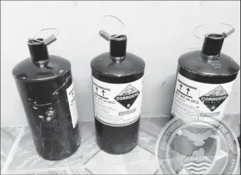  ?? ?? Canisters of mercury found in August 2022 by the Customs Anti-Narcotic Unit at an abandoned sawmill in Berbice.