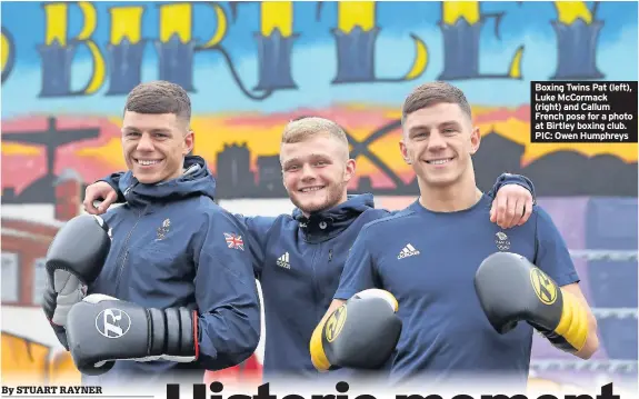  ??  ?? Boxing Twins Pat (left), Luke McCormack (right) and Callum French pose for a photo at Birtley boxing club. PIC: Owen Humphreys