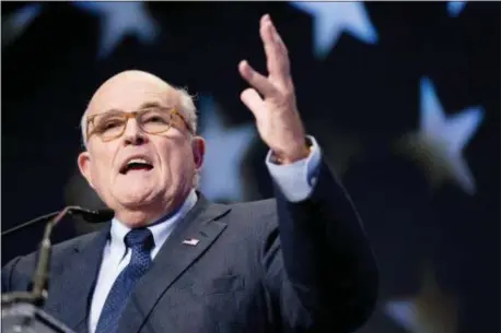  ?? AP PHOTO/ANDREW HARNIK ?? Rudy Giuliani, an attorney for President Donald Trump, speaks at the Iran Freedom Convention for Human Rights and democracy at the Grand Hyatt, Saturday, May 5, 2018, in Washington.