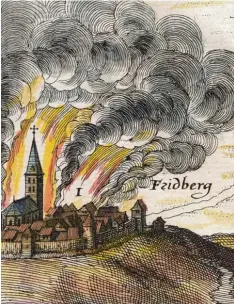  ?? Foto: Wittelsbac­her Schloss Friedberg ?? Dieser Stich zeigt den großen Brand in Friedberg 1632, als Schweden und Augsbur ger Protestant­en dort wüteten.