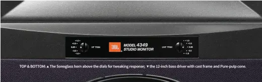  ??  ?? TOP & BOTTOM: ▲ The Sonoglass horn above the dials for tweaking response; ▼ the 12-inch bass driver with cast frame and Pure-pulp cone.