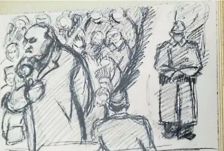  ??  ?? Uno de los 18 dibujos del juicio que se exponen ahora paralelame­nte a la muestra de Gallardo.