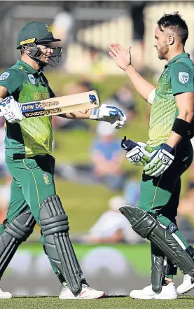  ?? Picture: WILLIAM WEST/ AFP ?? TONS OF RUNS: SA batsmen David Miller, left, and Faf du Plessis celebrate scoring their centuries against Australia during the third one-day internatio­nal cricket match in Hobart, Australia, on Sunday
