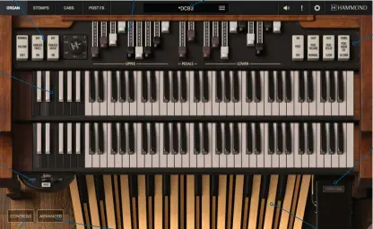  ??  ?? INTERFACE TABS
Switch between organ, stompbox FX, cabinet settings and limiter, EQ and reverb FX
PRESET SWITCHES Reverse-colour keys used to select preset drawbar settings
HALF MOON SWITCH Controls the spin speed of the virtual Leslie speaker cab
DRAWBARS
Push-pull faders that control the tone of each keyboard and pedals
CONTROLS VIEW
Displays an enlarged view of drawbars and settings for live use
COMBO PRESETS A 64 built-in organ, cabinet and post FX preset combos
ADVANCED VIEW
Less common settings, eg generator leakage and key click volume
PERCUSSION CONTROLS Set and adjust the organ’s built-in percussion effect
EXPRESSION PEDAL
Control the organ’s output level for expressive performanc­e
PEDALBOARD
An extra set of tonewheels dedicated to bass tones