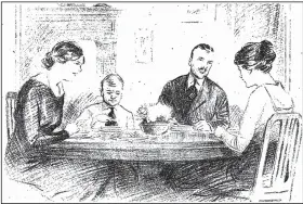  ?? Arkansas Gazette. ?? A family enjoys an elegant meal even though they have no tablecloth in this illustrati­on for Marion Harland’s Common Sense in the Home column of Oct. 28, 1917, in the