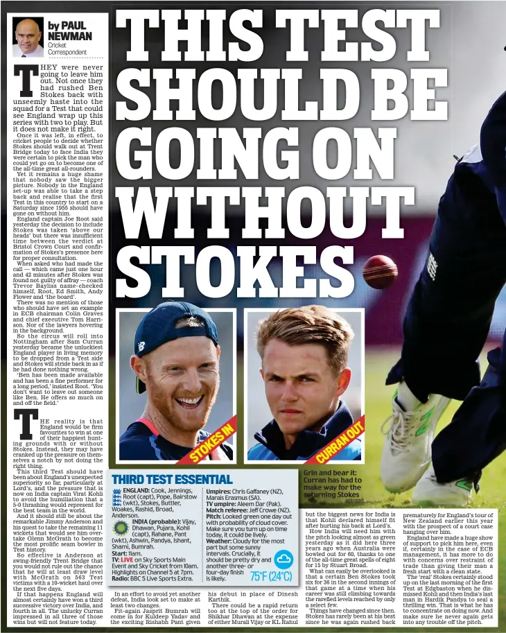  ?? REUTERS ?? Grin and bear it: Curran has had to make way for the returning Stokes