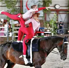  ?? ANNEMARIE MATTASCH ?? Elegant: Cinja Roth und Stephanie Wachs vom gastgebend­en PSG Waltersleb­en zeigten auf Pferd Delbo eine gelungene Choreograf­ie und holten den Landesmeis­tertitel.