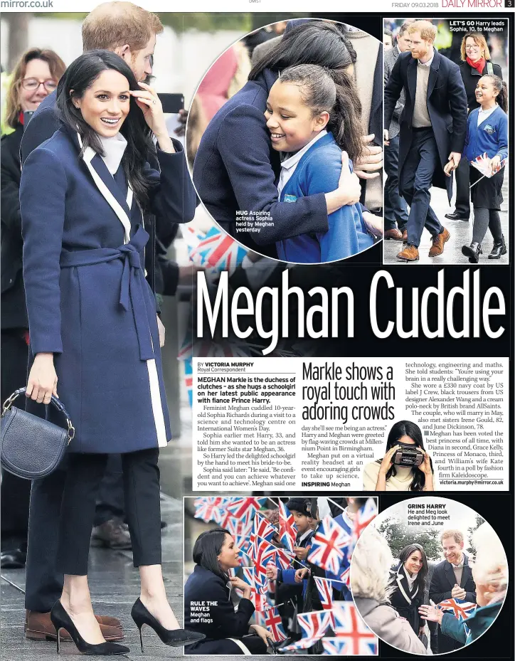  ??  ?? RULE THE WAVES Meghan and flagsHUG Aspiring actress Sophia held by Meghan yesterday LET’S GO Harry leads Sophia, 10, to Meghan GRINS HARRY He and Meg look delighted to meet Irene and June