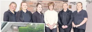  ??  ?? Owner Gill Forrest (centre) and manager Amy Connell (second right) with staff Sarah Bemmont, Zoe Borthwick, Sarah Hilton and Nicola Hickman ready to reopen the nursery. Left: Devastatio­n caused by the flooding in June