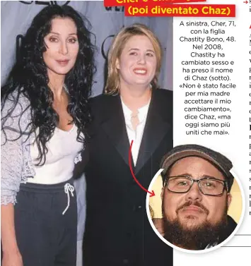  ??  ?? Cher e Chastity (poi diventato Chaz) A sinistra, Cher, 71, con la figlia Chastity Bono, 48. Nel 2008, Chastity ha cambiato sesso e ha preso il nome di Chaz (sotto). «Non è stato facile per mia madre accettare il mio cambiament­o», dice Chaz, «ma oggi...