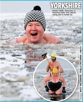  ??  ?? HEAD CASE: Swimmer in freezing water and, below, using axe to break ice