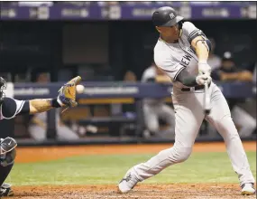  ?? Chris O'Meara / Associated Press ?? The Yankees’ Giancarlo Stanton strikes out against Rays pitcher Ryne Stanek during the sixth inning of Saturday’s 4-0 loss in St. Petersburg, Fla.