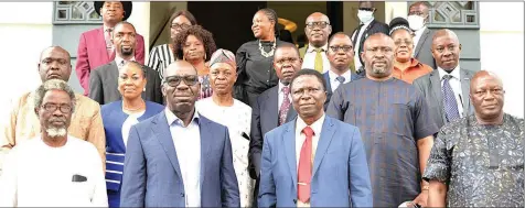  ??  ?? Prof. Oluwafemi Balogun ( left); Edo State Governor, Godwin Obaseki; Head of panel for the appointmen­t of principal officers into the Edo College of Agricultur­e and Natural Resources, Prof. Kolade Ayorinde and Secretary to State Government ( SSG), Osarodion Ogie during the panel’s visit to the Government House, Benin City… yesterday.