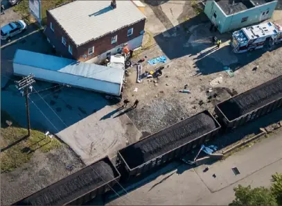  ?? Andrew Rush/Post-Gazette ?? An aerial view of a truck that crashed into a building after colliding with a train when the truck attempted to cross the train tracks Thursday morning in the 1000 block of Pittsburgh Street in Cheswick.