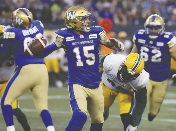  ??  ?? Winnipeg quarterbac­k Matt Nichols says the unbeaten Blue Bombers are focused on simply getting better from week to week.
Kevin King