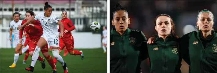  ??  ?? Rianna Jarrett leading the line against Montenegro in Petrovac on March 11.
Rianna Jarrett with Aine O’Gorman and Ruesha Littlejohn before the win against Greece in Tallaght.