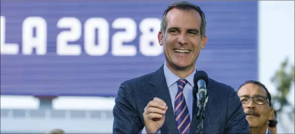  ?? PHOTO/RINGO H.W. CHIU ?? In this July 31 file photo, Los Angeles Mayor Eric Garcetti speaks during a press conference to make an announceme­nt for the city to host the Olympic Games and Paralympic Games in 2028 at Stubhub Center in Carson, outside of Los Angeles. AP