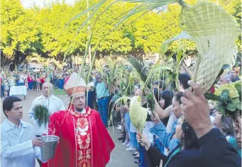  ?? ?? El obispo de la Diócesis de Ciudad del Este, monseñor Pedro Collar, bendice los ramos hechos de palma y plantas medicinale­s en la plazoleta de la catedral de San Blas.