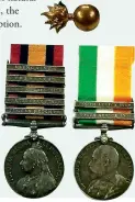  ?? ?? A representa­tive pair of Boer War campaign medals. Left: Queens S.A. Medal with five clasps. Right: Kings S.A. Medal with two clasps. Top: the Royal Welsh Fusiliers ‘flaming grenade’ collar badge