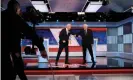  ??  ?? Joe Biden and Bernie Sanders greet each other with their elbows at the last Democratic presidenti­al debate, in Washington. Sanders has been forced to cancel the rallies that are a pillar of his campaign. Photograph: Gabriella Demczuk For Cnn/EPA