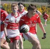  ??  ?? Eoin Whelan (Fethard) is closed down by Cathal Murphy (Ballinastr­agh Gaels) in the Féile Peil Division 1 final in the Ferns Centre of Excellence on Sunday.