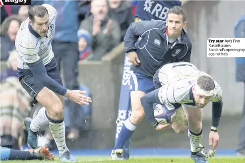  ??  ?? Try star Ayr’s Finn Russell scores Scotland’s opening try against Italy