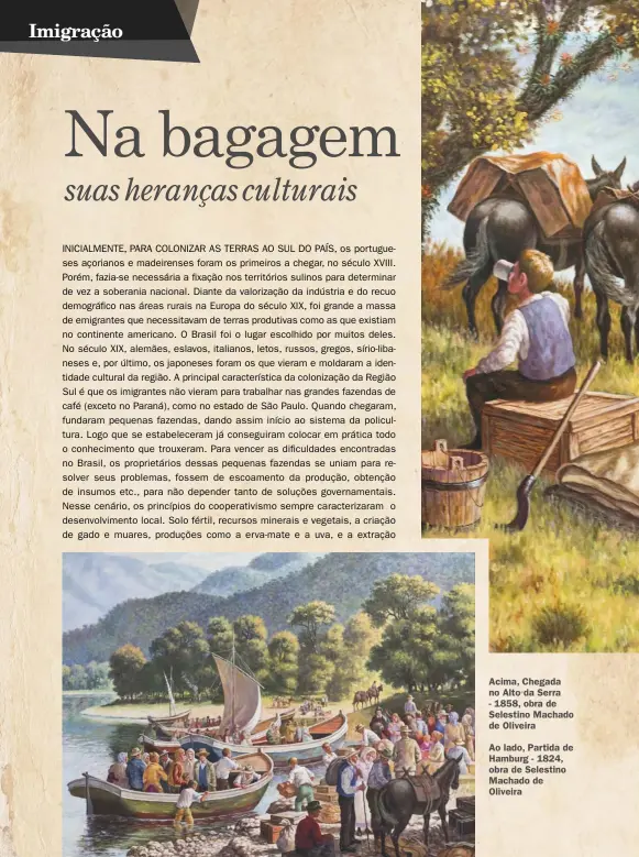  ??  ?? Acima, Chegada no Alto da Serra - 1858, obra de Selestino Machado de Oliveira
Ao lado, Partida de Hamburg - 1824, obra de Selestino Machado de Oliveira