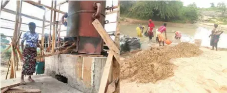  ??  ?? Some of the female farmers working at a rice mill and others washing egusi seeds