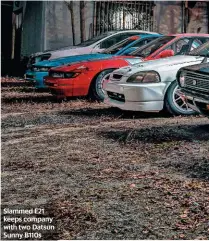  ??  ?? Slammed E21 keeps company with two Datsun Sunny B110s