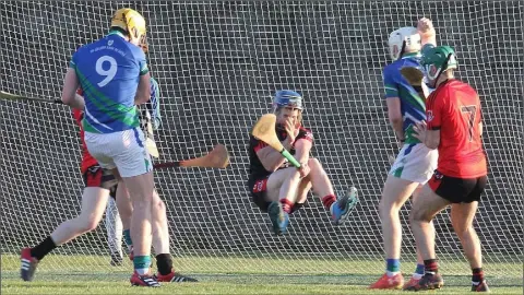  ??  ?? Oulart-The Ballagh netminder Conor O’Leary making a fantastic save to deny Michael O’Regan of Glynn-Barntown (9).