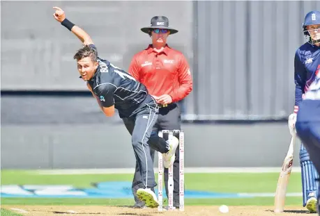  ?? Photo — AFP ?? New Zealand’s Mitchell Santner bowls during the fourth ODI cricket Test match between New Zealand and England at University Oval in Dunedin on March 7, 2018.