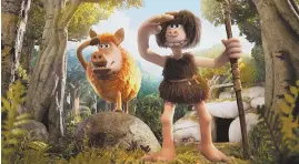  ??  ?? HUNTING PARTY: Hognob (voiced by director Nick Park) and Dug (Eddie Redmayne), from left, team up to hunt for food in ‘Early Man.’