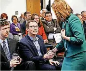  ?? BY JIM BECKEL, THE OKLAHOMAN ARCHIVES] ?? In this 2015 photo, Ryan Owens shakes hands with state schools Superinten­dent Joy Hofmeister at the state Capitol.[PHOTO