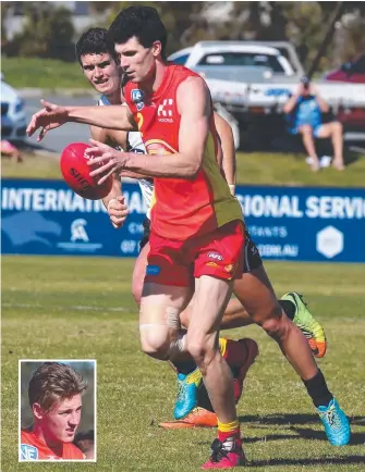  ?? Pictures: MIKE BATTERHAM ?? Gold Coast Suns’ Jarrad Grant gets a kick away against Southport and (inset) talented teenager Dirk Koenen put in an impressive performanc­e.