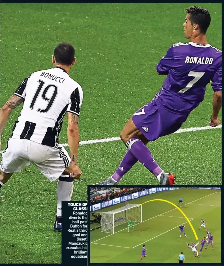  ??  ?? TOUCH OF CLASS: Ronaldo diverts the ball past Buffon for Real’s third goal and (inset) Mandzukic executes his brilliant equaliser