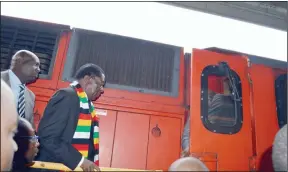  ??  ?? President Mnangagwa inspects a locomotive which is part of the first batch of the equipment given to NRZ by Diaspora Infrastruc­ture Developmen­t Group in partnershi­p with South Africa’s Transnet under a $400m recapitali­sation deal. The equipment was...