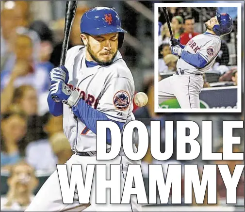  ?? GETTY & AP ?? Travis d’Arnaud gets hit by pitch to drive in seventh-inning run on painful night for Mets.