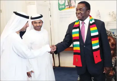  ?? — (Picture by John Manzongo) ?? PRESIDENT Mnangagwa welcomes United Arab Emirates envoys Mr Ghanem Alhassani (left) and His Highness Rashid Al Hemiri (centre) at State House in Harare yesterday.