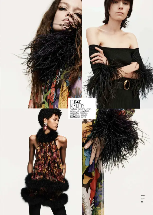  ??  ?? FRINGE BENEFITS
Feathers, including ostrich plumes, are everywhere, punctuatin­g necklines, hemlines and sleeves. Saint Laurent outfits