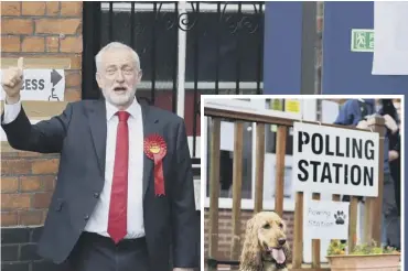 ??  ?? Clockwise from far left: Theresa May and her husband Philip after voting; Kezia Dugdale and Edinburgh councillor Joan Griffiths; Jeremy Corbyn gives the thumbs up; a spaniel waits at the ‘pawing station’; Ruth Davidson and her dog Wilson; Nicola...